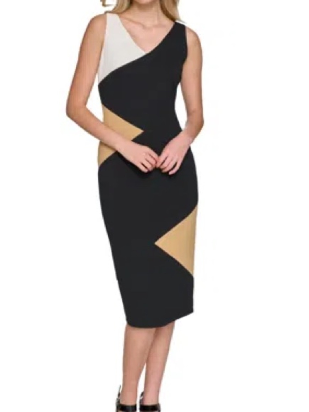 Karl Lagerfeld Black Colorblock Sheath Dress with Cream and Tan Panels